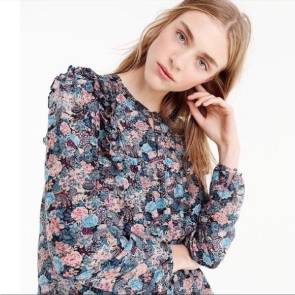 J. Crew Tops - J. Crew Esperanza Blue Peach Floral Paisley Ruffle Trim Top in Size‎ Extra Small